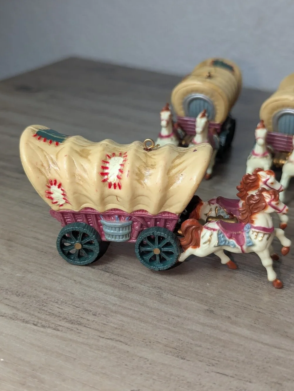 Western Covered Wagon Christmas Ornaments Hard Plastic Set of 6 Vintage